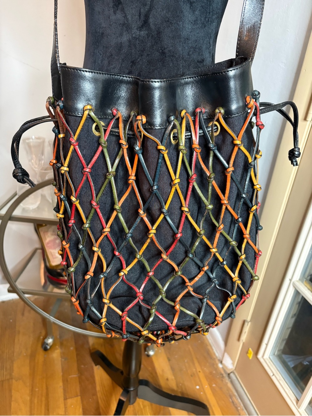 Aspects Black Bucket Shoulder Bag with Multicolor Knotted Net